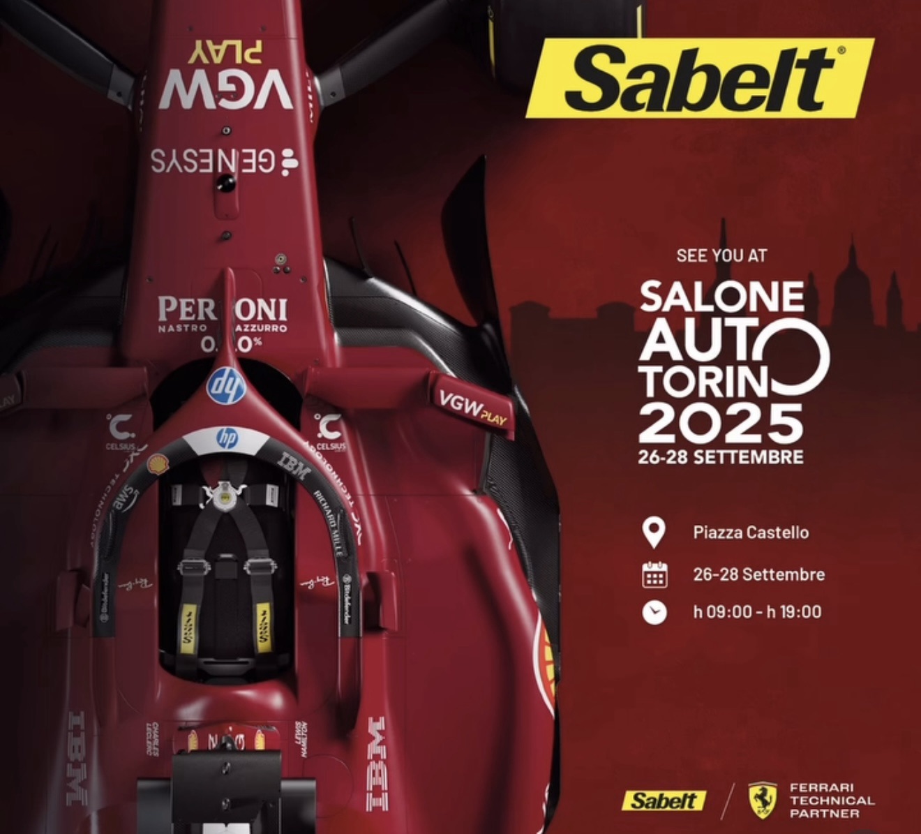 Sabelt colora Torino di rosso Ferrari, la monoposto di formula 1, arriva nel capoluogo Piemontese.