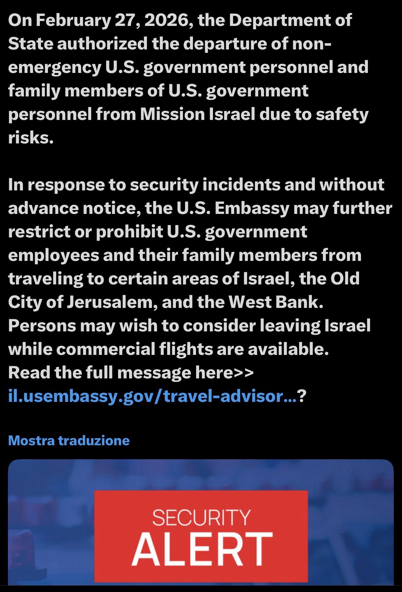 ULTIM’ORA, MEDIO ORIENTE: GLI USA EVACUANO L’AMBASCIATA DI ISRAELE E CHIEDONO AI PROPRI CITTADINI DI ABBANDONARE IMMEDIATAMENTE I PAESI DEL MEDIO ORIENTE.